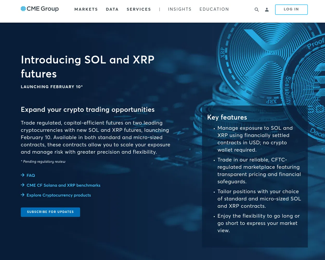 видалена реклама ф'ючерсів SOL та XRP з бета-сайту CME