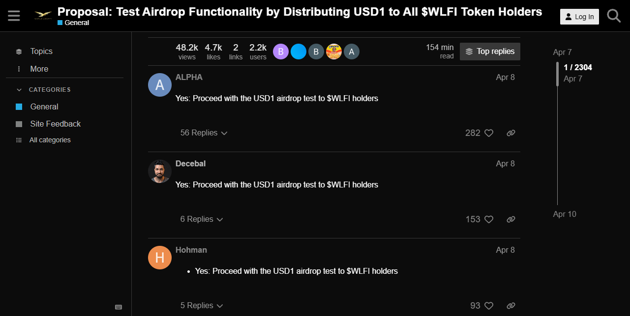 Відгуки спільноти на пропозицію ейрдропу USD1