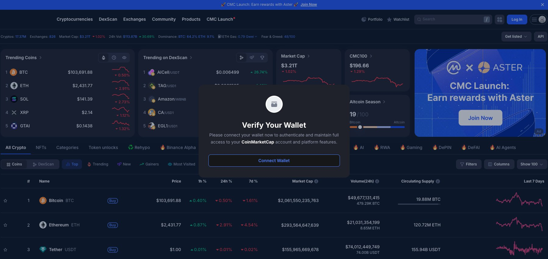 Шкідливе спливаюче повідомлення на головній сторінці CoinMarketCap.