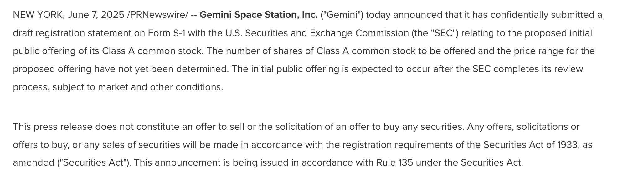Заява про IPO Gemini.