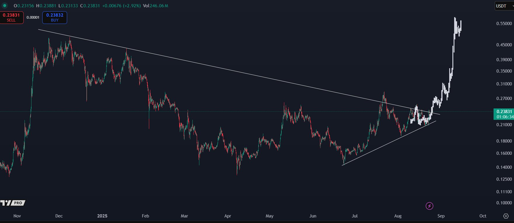 Ціна DOGE з симетричним трикутником. Джерело: KALEO.